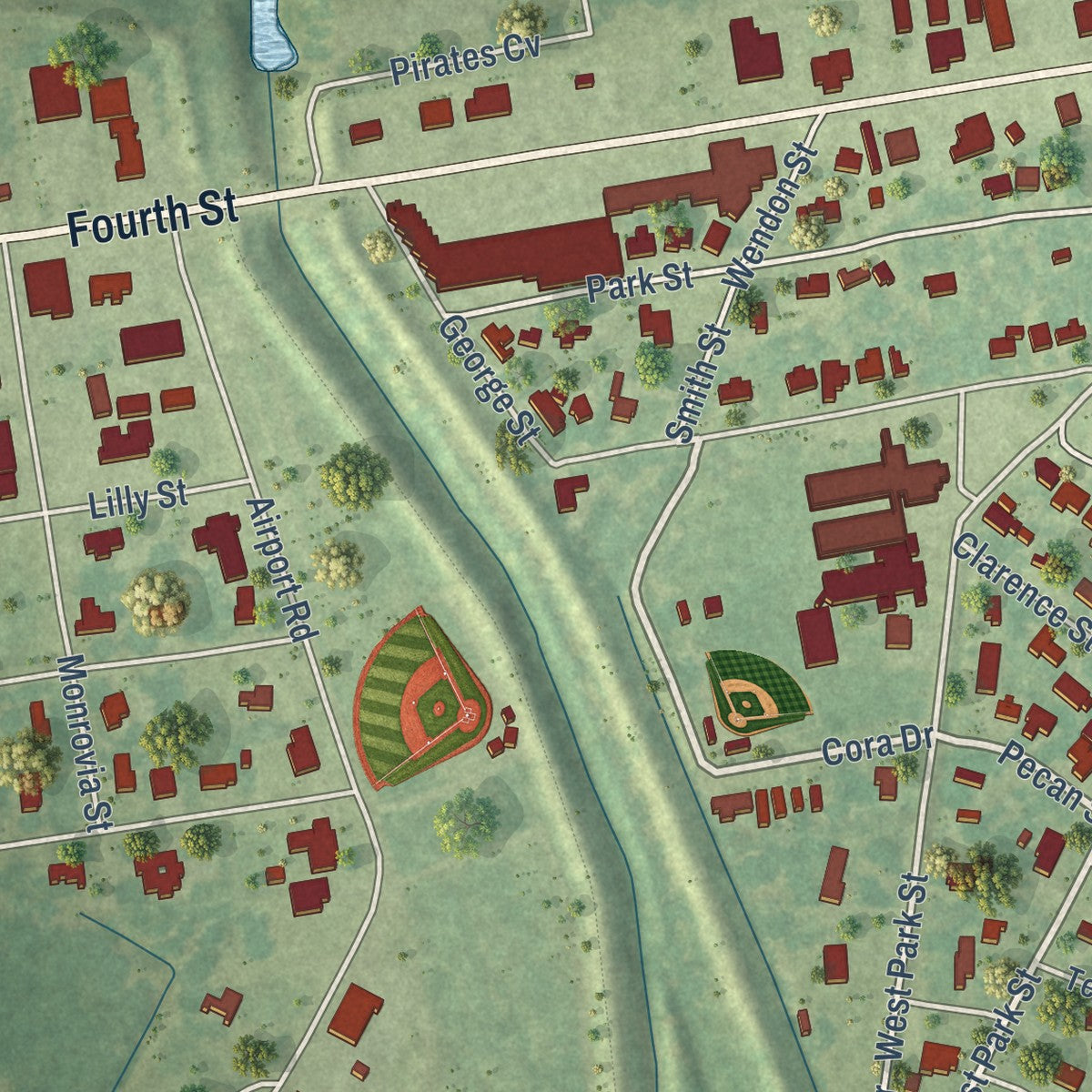 Second close-up of the map of Jonesville, Louisiana print showing more streets and buildings