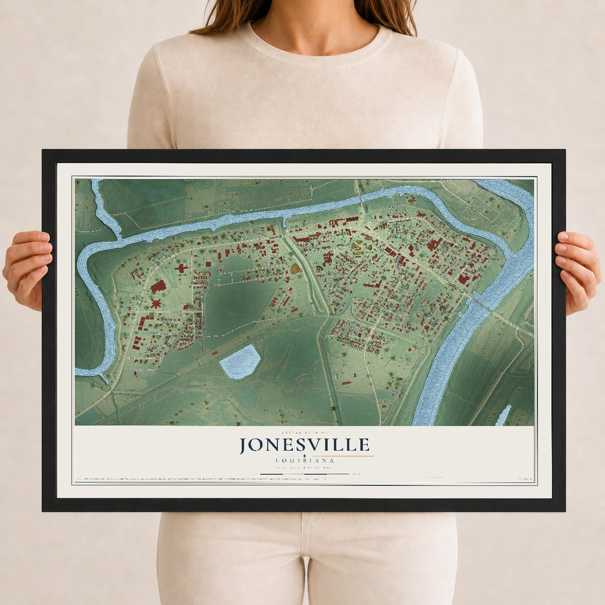 Map of Jonesville, Louisiana, 12 x 18 inch print in a black wood frame