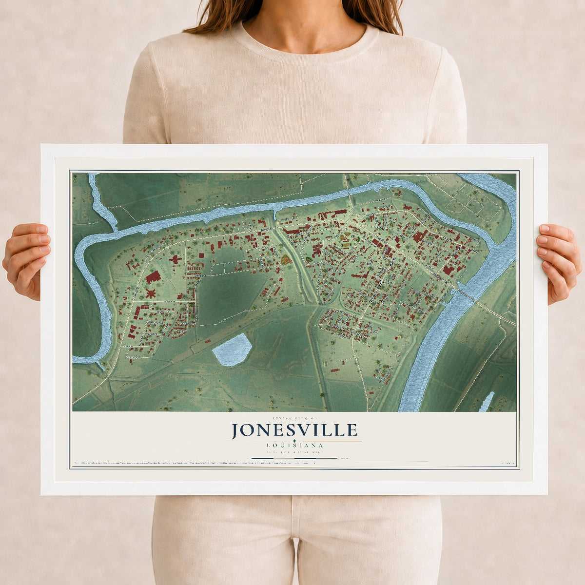 Map of Jonesville, Louisiana, 12 x 18 inch print in a white wood frame
