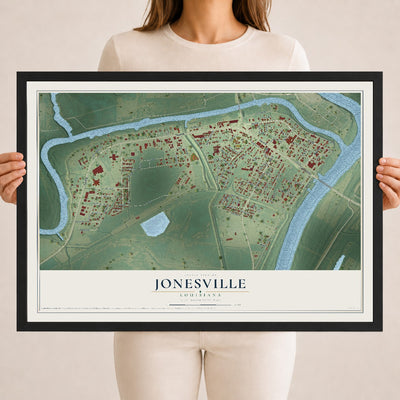 Map of Jonesville, Louisiana, 18 x 24 inch print in a black wood frame