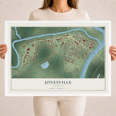 Map of Jonesville, Louisiana, 18 x 24 inch print in a white wood frame