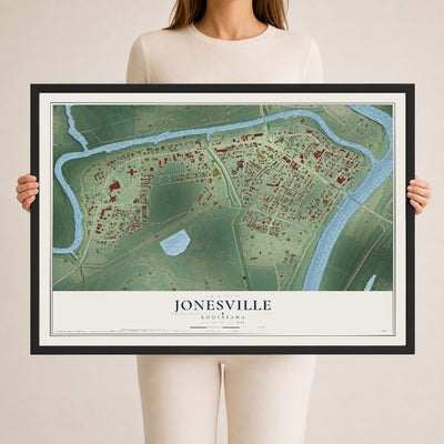 Map of Jonesville, Louisiana, 24 x 36 inch print in a black wood frame