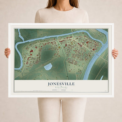 Map of Jonesville, Louisiana, 24 x 36 inch print in a white wood frame