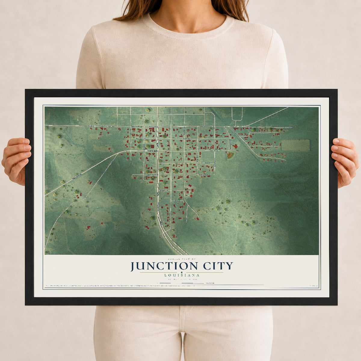 Map of Junction City, Louisiana, 12 x 18 inch print in a black wood frame