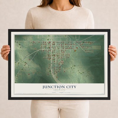 Map of Junction City, Louisiana, 12 x 18 inch print in a black wood frame
