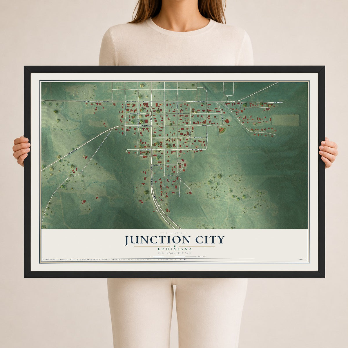 Map of Junction City, Louisiana, 24 x 36 inch print in a black wood frame