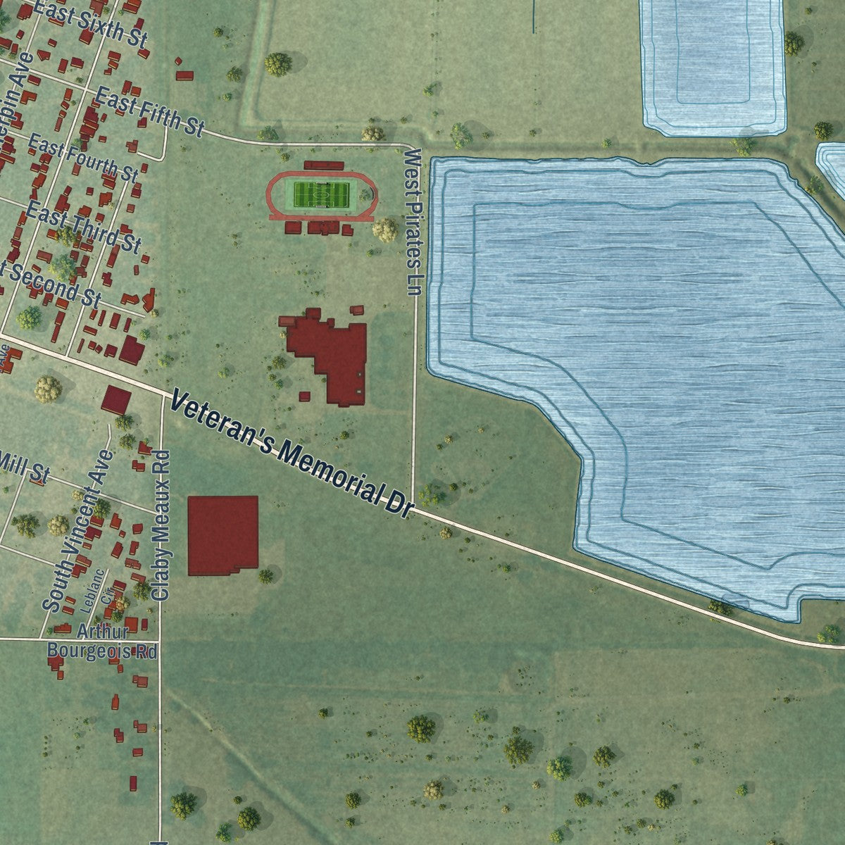 Second close-up of the map of Kaplan, Louisiana print showing more streets and buildings
