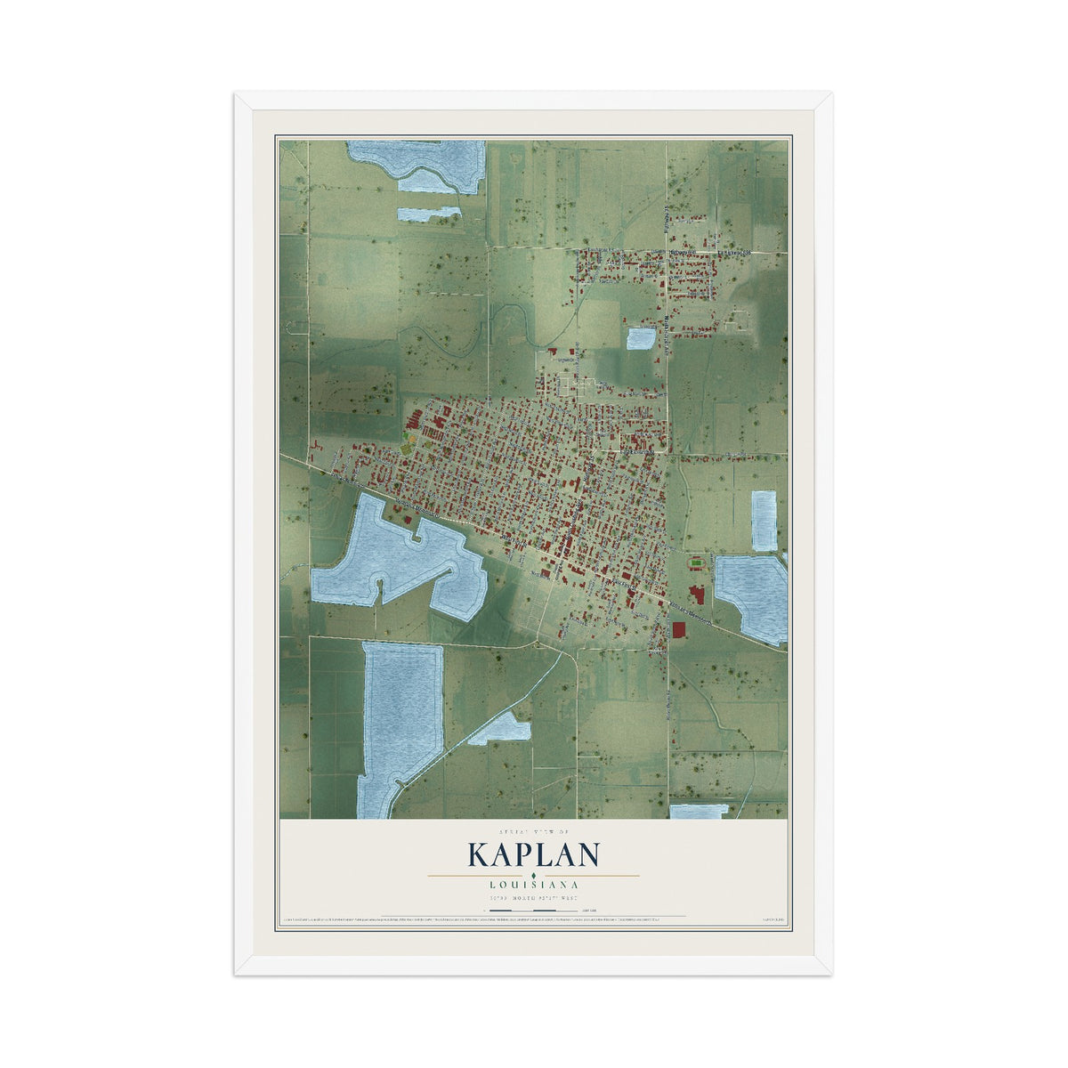 Map of Kaplan, Louisiana, 12 x 18 inch print in a white wood frame