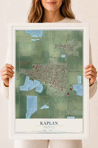 Map of Kaplan, Louisiana, 18 x 24 inch print in a white wood frame