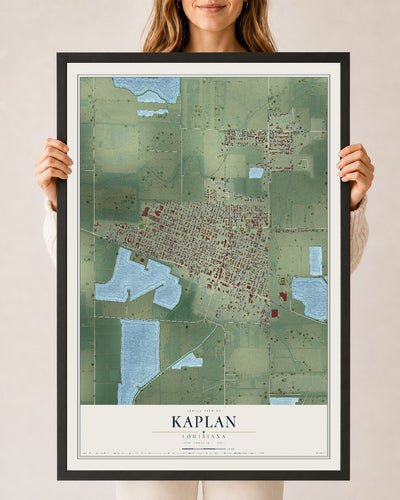 Map of Kaplan, Louisiana, 24 x 36 inch print in a black wood frame