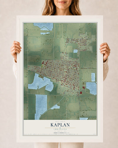 Map of Kaplan, Louisiana, 24 x 36 inch print in a white wood frame