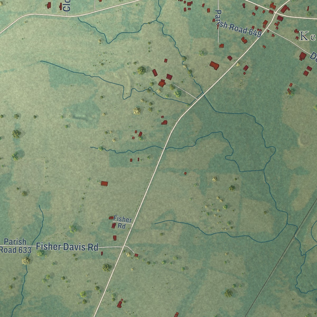 Second close-up of the map of Keachi, Louisiana print showing more streets and buildings