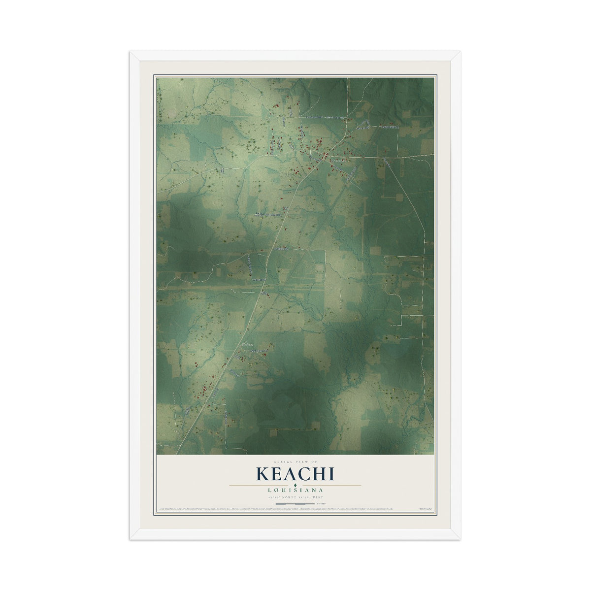 Map of Keachi, Louisiana, 12 x 18 inch print in a white wood frame