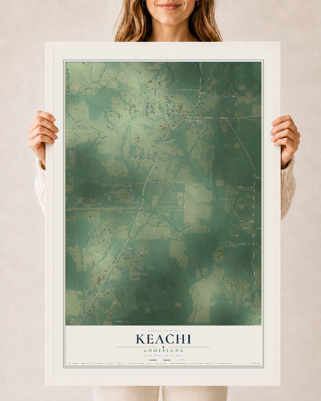 Map of Keachi, Louisiana, 24 x 36 inch print in a white wood frame