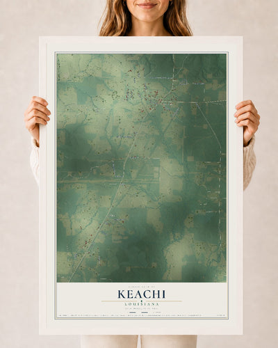 Map of Keachi, Louisiana, 24 x 36 inch print in a white wood frame
