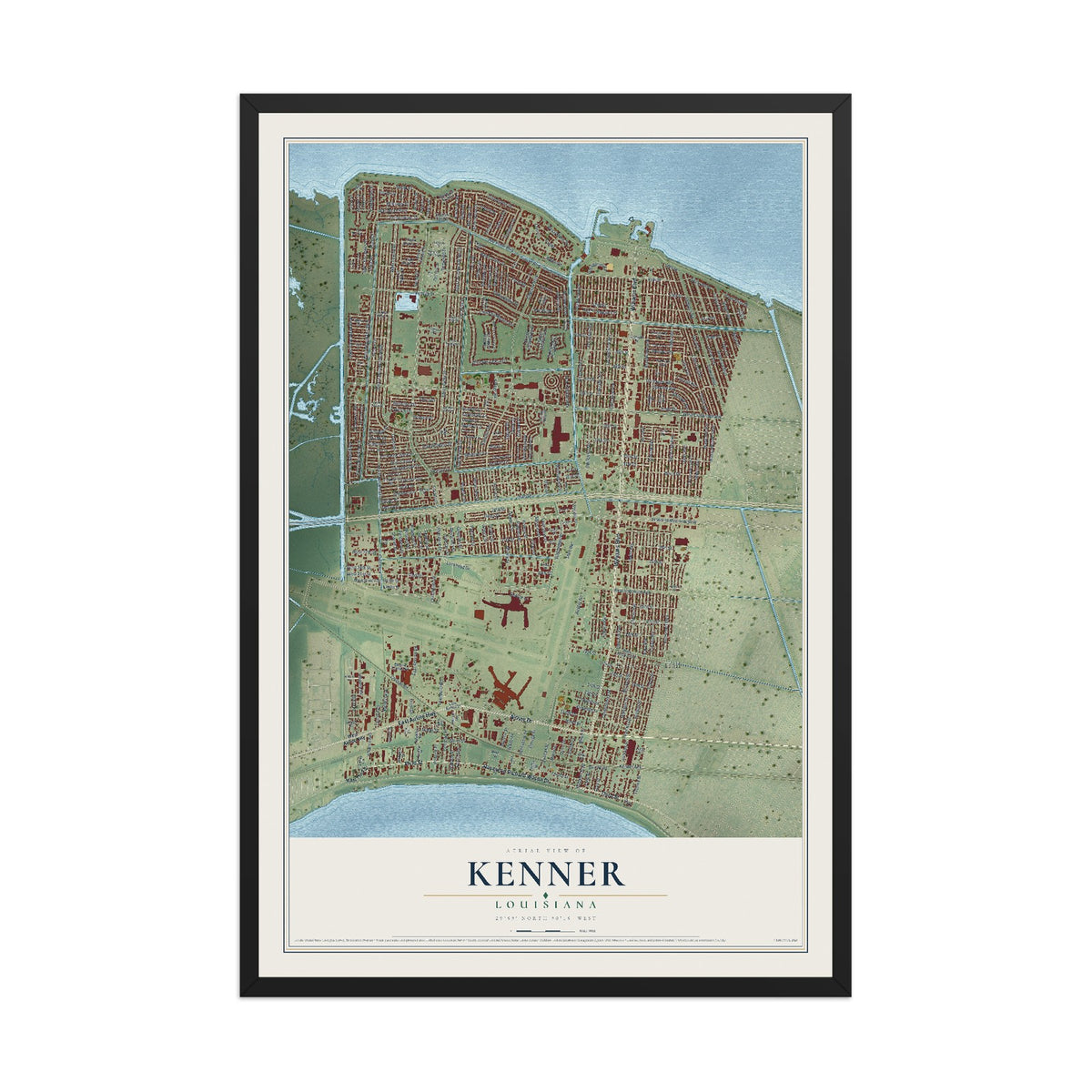 Map of Kenner, Louisiana, 12 x 18 inch print in a black wood frame