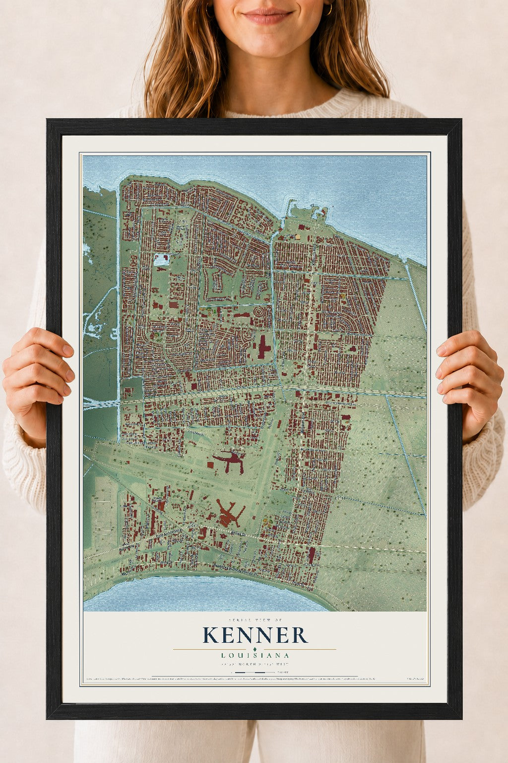 Map of Kenner, Louisiana, 18 x 24 inch print in a black wood frame