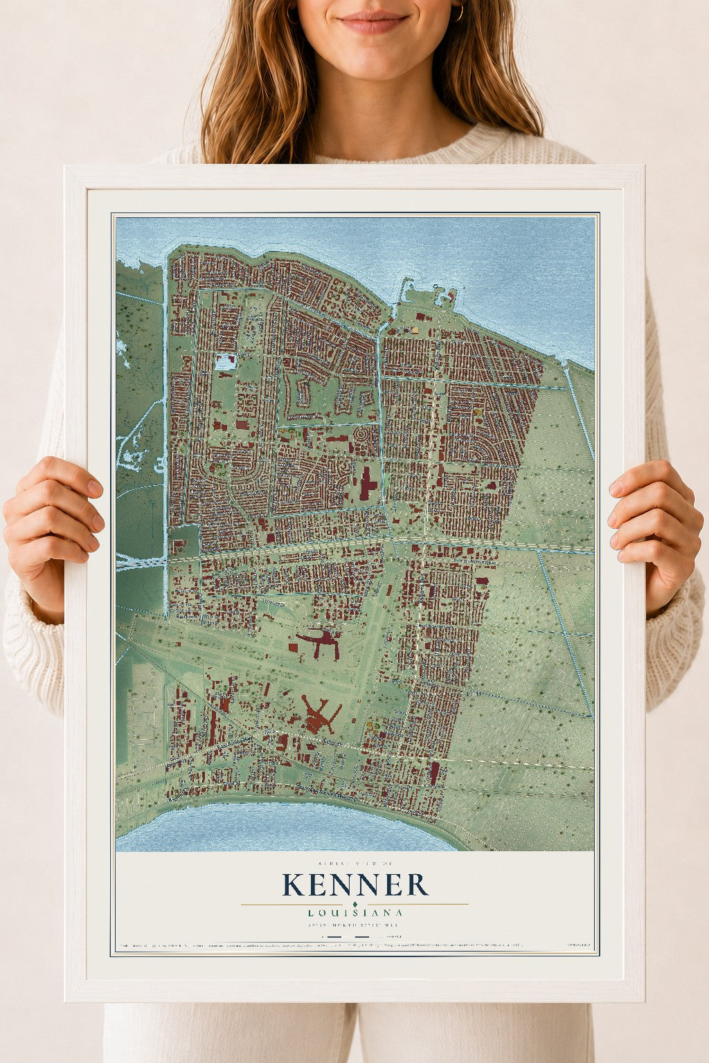 Map of Kenner, Louisiana, 18 x 24 inch print in a white wood frame