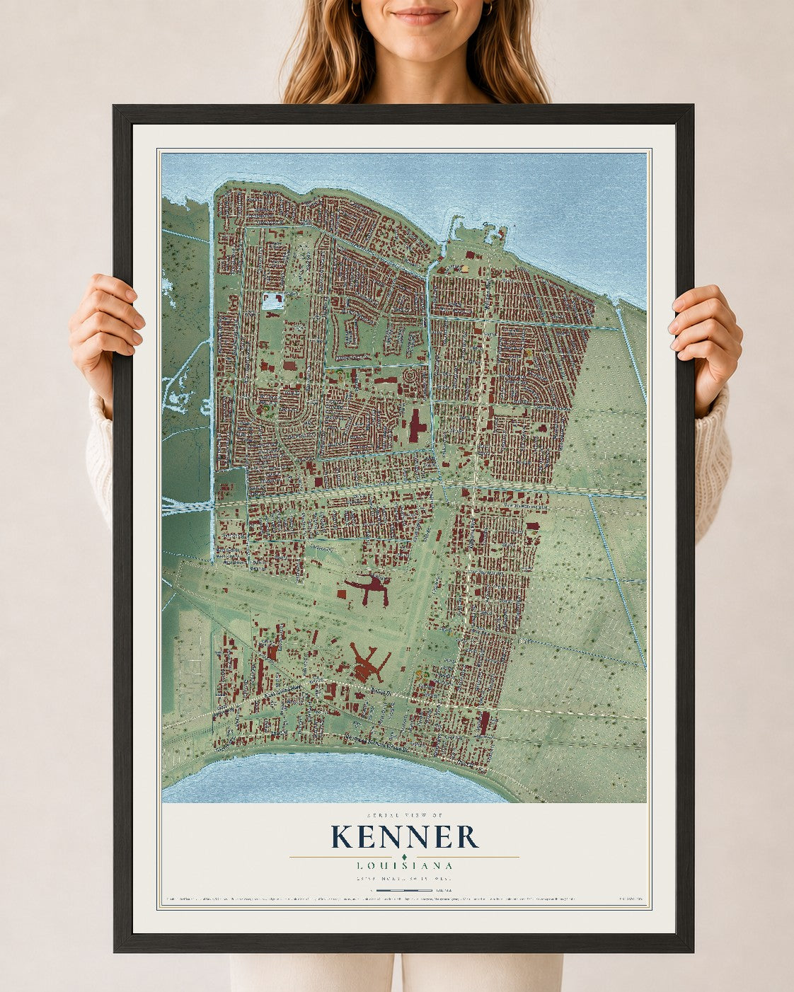 Map of Kenner, Louisiana, 24 x 36 inch print in a black wood frame