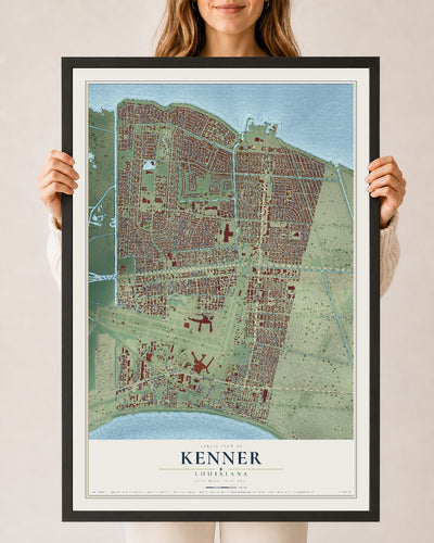 Map of Kenner, Louisiana, 24 x 36 inch print in a black wood frame