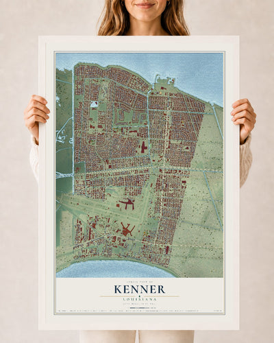 Map of Kenner, Louisiana, 24 x 36 inch print in a white wood frame
