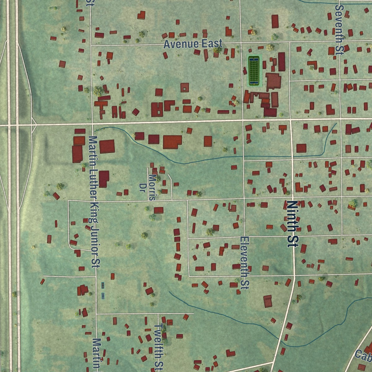 Close-up of the map of Kentwood, Louisiana print showing street and building detail