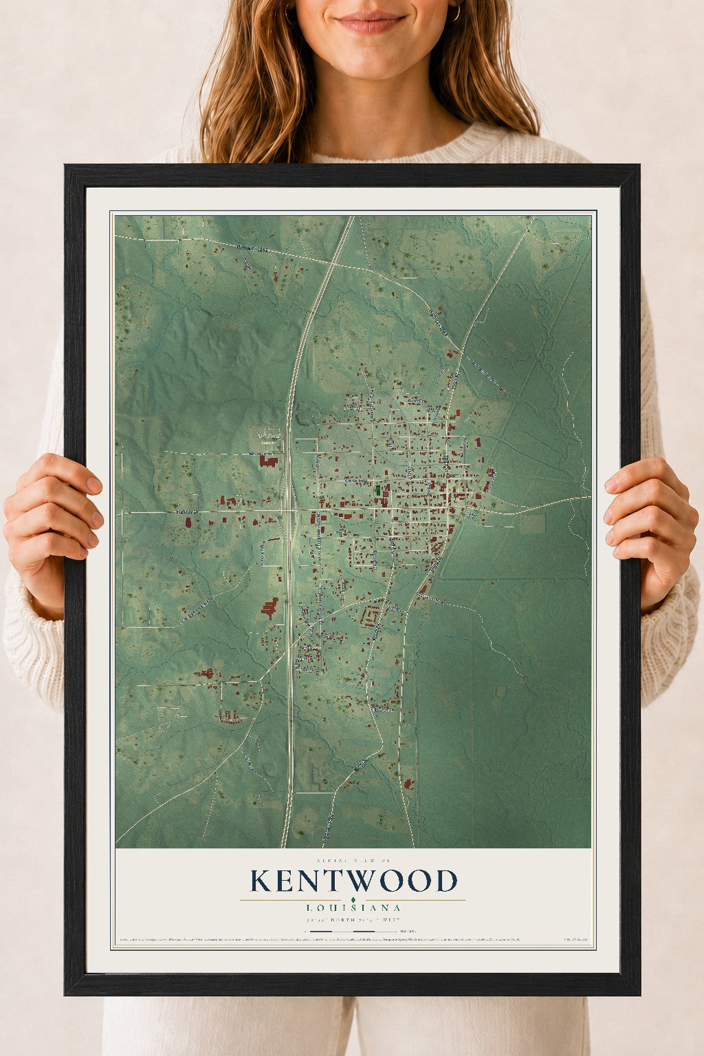 Map of Kentwood, Louisiana, 18 x 24 inch print in a black wood frame