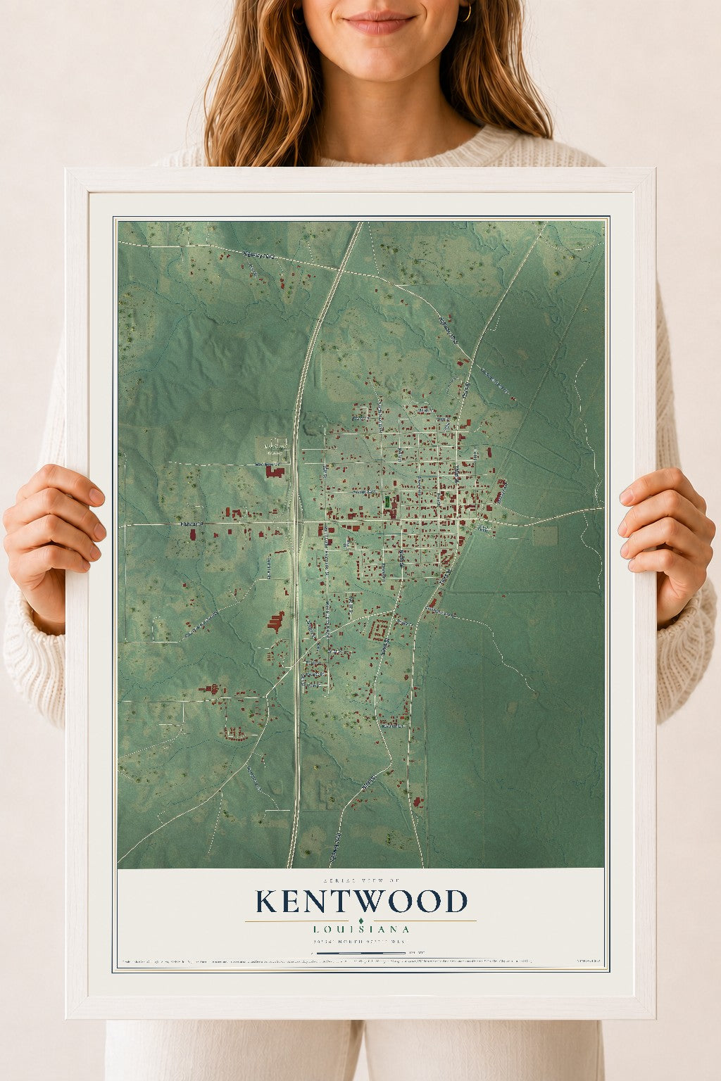 Map of Kentwood, Louisiana, 18 x 24 inch print in a white wood frame