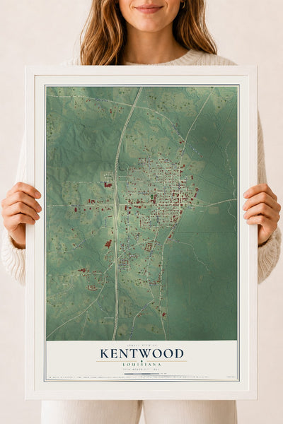 Map of Kentwood, Louisiana, 18 x 24 inch print in a white wood frame