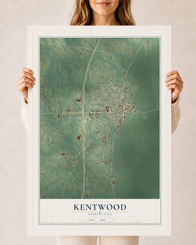 Map of Kentwood, Louisiana, 24 x 36 inch print in a white wood frame