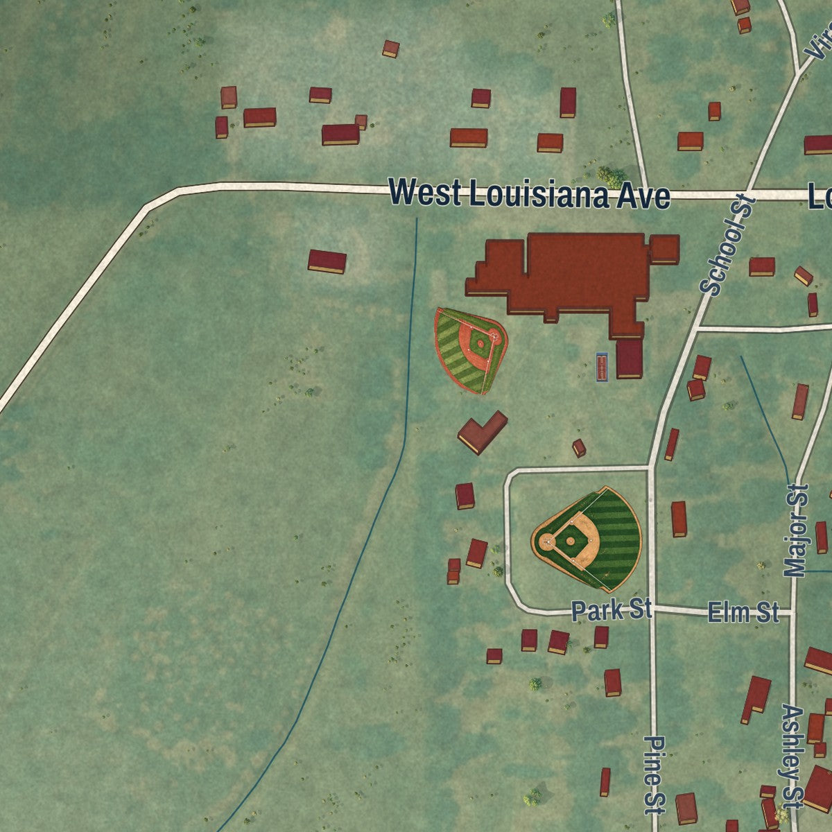 Close-up of the map of Kilbourne, Louisiana print showing street and building detail
