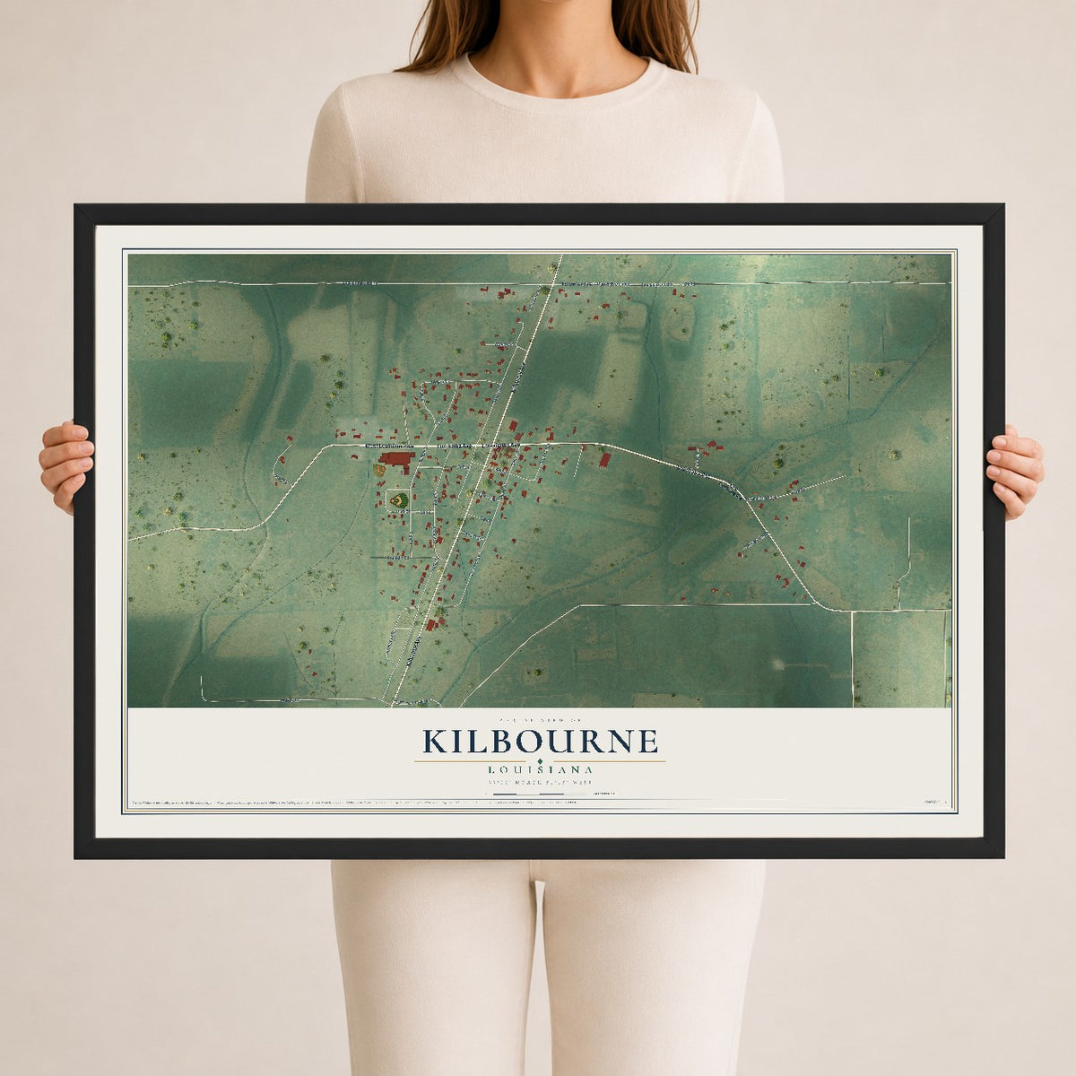 Map of Kilbourne, Louisiana, 24 x 36 inch print in a black wood frame