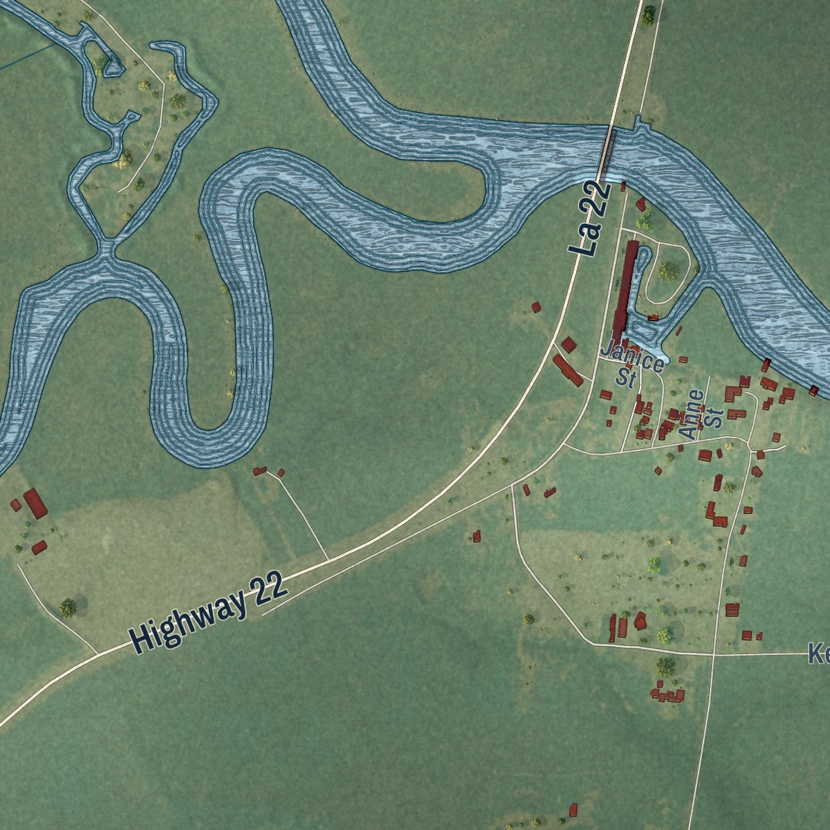 Second close-up of the map of Killian, Louisiana print showing more streets and buildings