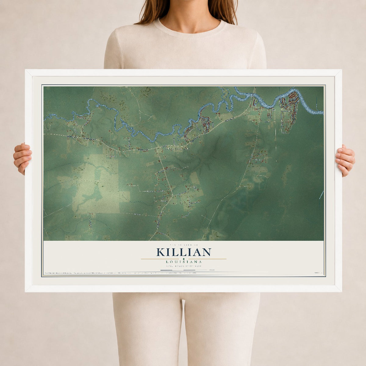 Map of Killian, Louisiana, 24 x 36 inch print in a white wood frame