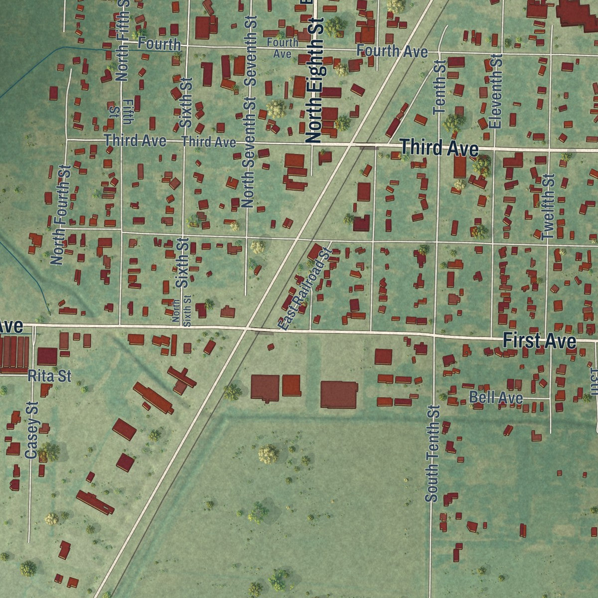 Close-up of the map of Kinder, Louisiana print showing street and building detail