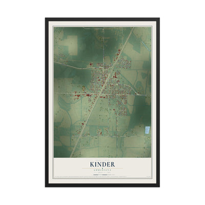 Map of Kinder, Louisiana, 12 x 18 inch print in a black wood frame