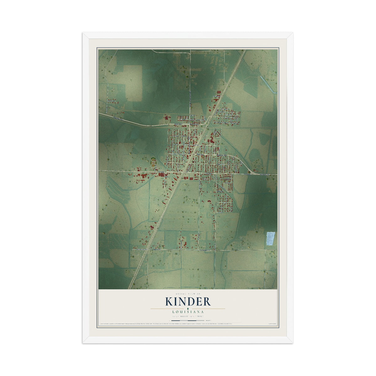 Map of Kinder, Louisiana, 12 x 18 inch print in a white wood frame