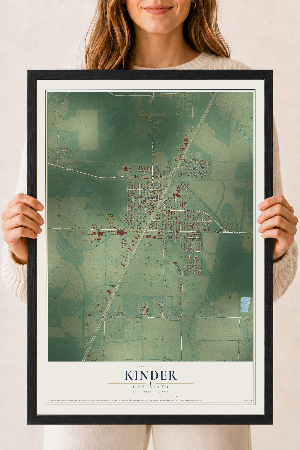 Map of Kinder, Louisiana, 18 x 24 inch print in a black wood frame