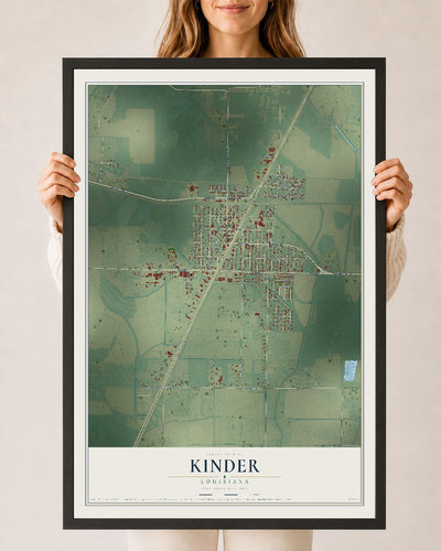 Map of Kinder, Louisiana, 24 x 36 inch print in a black wood frame