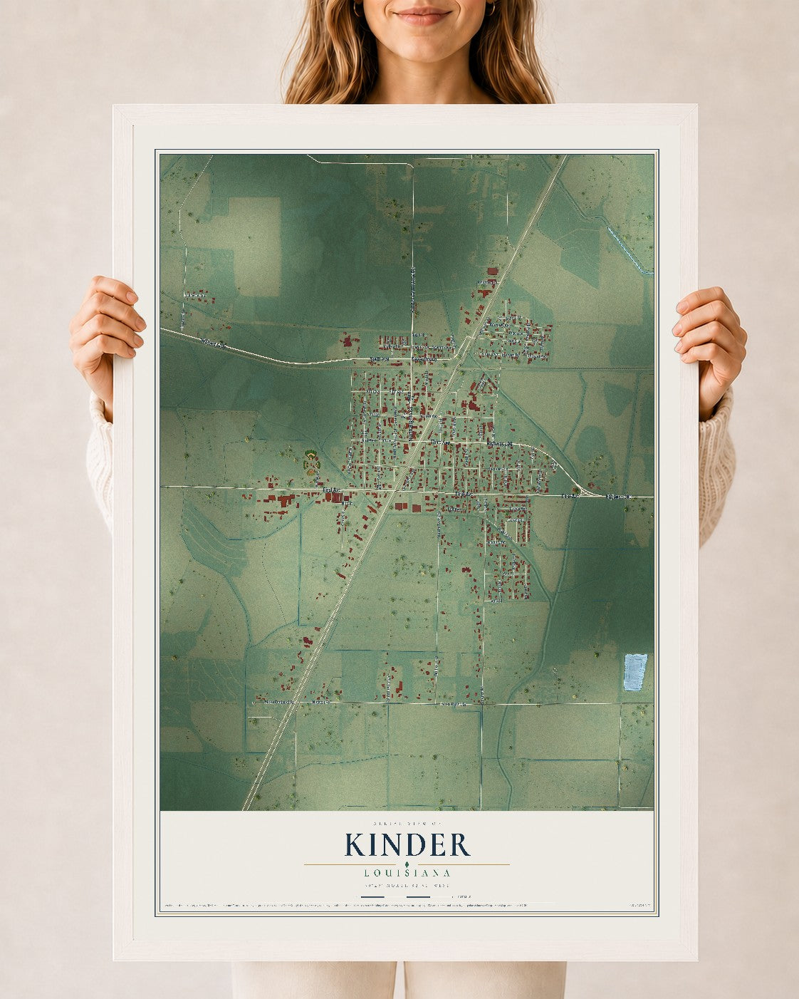 Map of Kinder, Louisiana, 24 x 36 inch print in a white wood frame