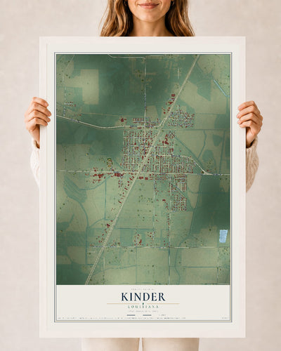 Map of Kinder, Louisiana, 24 x 36 inch print in a white wood frame