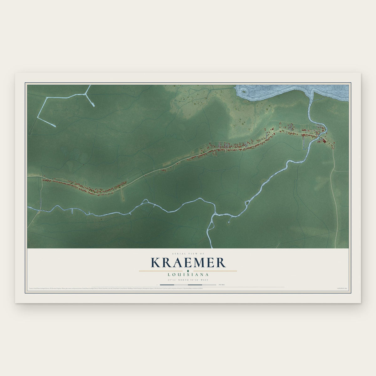 Kraemer, Louisiana map print, the full design