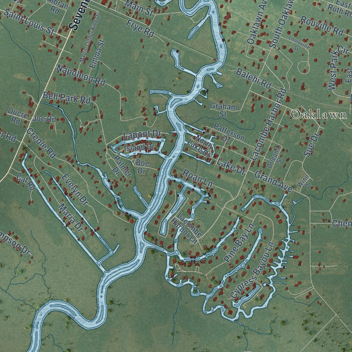 Second close-up of the map of Lacombe, Louisiana print showing more streets and buildings