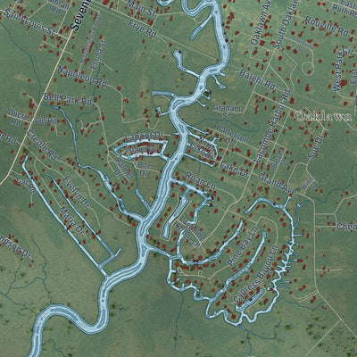 Second close-up of the map of Lacombe, Louisiana print showing more streets and buildings