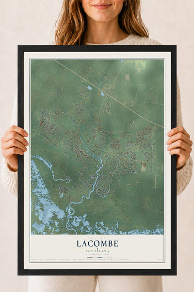 Map of Lacombe, Louisiana, 18 x 24 inch print in a black wood frame