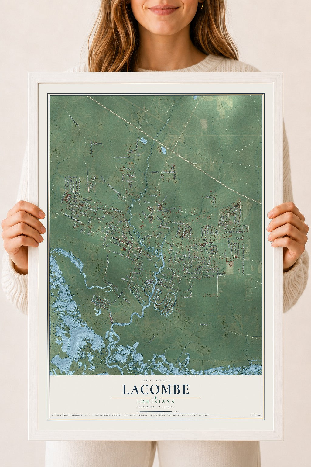 Map of Lacombe, Louisiana, 18 x 24 inch print in a white wood frame