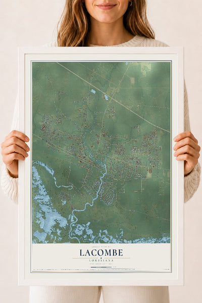Map of Lacombe, Louisiana, 18 x 24 inch print in a white wood frame