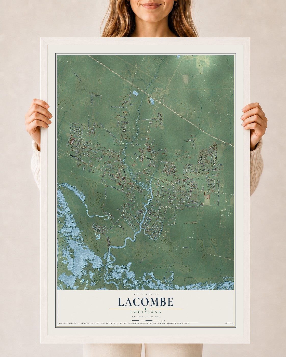 Map of Lacombe, Louisiana, 24 x 36 inch print in a white wood frame