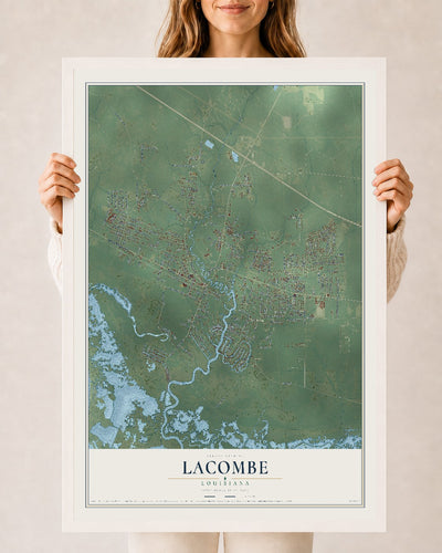 Map of Lacombe, Louisiana, 24 x 36 inch print in a white wood frame