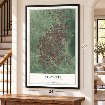 Lafayette, Louisiana map, 24 x 36 inch print in a black frame by a staircase